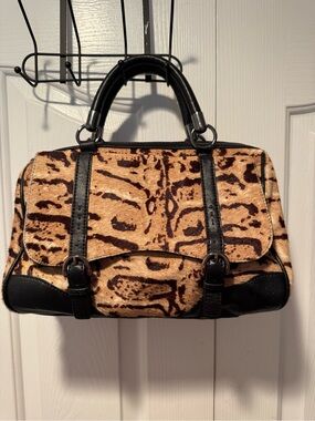 Talbots Animal-Print Genuine Calf Hair Satchel Handbag with Black Trim
